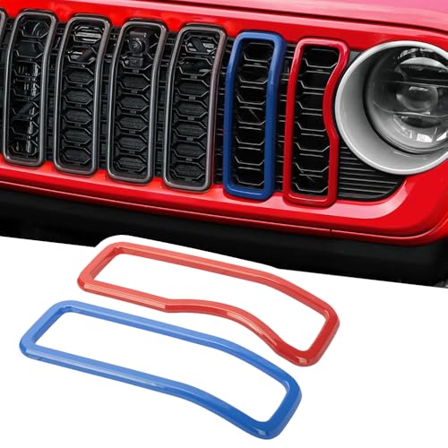 2PCS Front Grill Rings Frame Grille Inserts Cover Trim Kit for Jeep Wrangler JL JLU & Gladiator JT 2024 2025 (Blue&Red)
