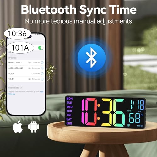 Image of YISILE Digital Wall Clock Large Display, 13 inch Large Digital Wall Clock with RGB Color Remote Control, Automatic Brightness Dimmer Big Clock with Night Lights, Auto DST, Date Week,Perfect for Gift
