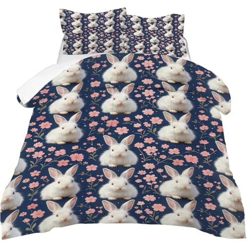 Image of Kawaii Floral Rabbit Comforter Set Queen Size Blue Pink Flower Bunny Bedding Sets for Kids Teens Boys Girls Bedroom Easter Decor Cute Animal Quilt 1 Comforter 2 Pillowcases