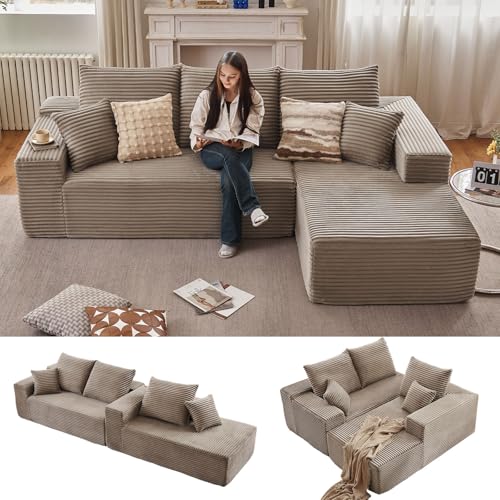 Image of 96 inch Modular Sectional Sofa, Modern Corduroy Cloud Couch with Deep Seat, Boneless Couch Upholstered 3-Seater L-Shaped Sofa for Living Room, No Assembly Required (Camel, Right-Facing Chaise)