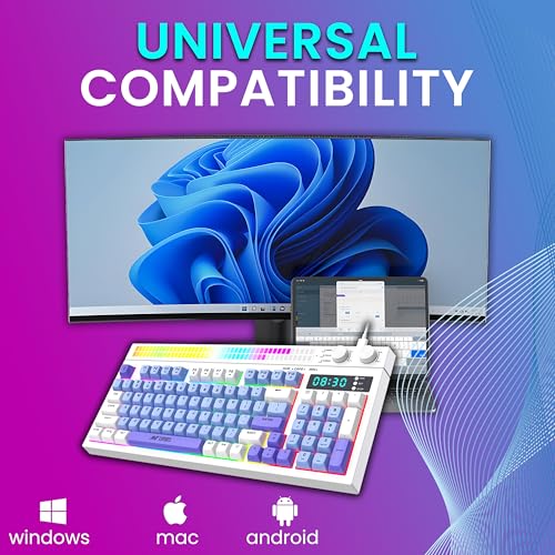 Image of Ant Esports MK1900 RGB Wired Gaming Keyboard with Volume Knob & Alarm Clock, 93 Keys + 6 Macro Keys, Mechanical Feel Membrane, DIY Backlit Effects, Compatible Windows /Mac /Linux - White /Purple /Blue