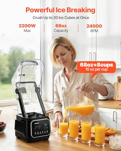 Image of VEVOR Blender, 68 oz Professional Countertop Blenders with Shield, 2200W 26000RPM Kitchen Food Processor Combo, Self-Cleaning, Speed Adjustable, 6 Preset Menu for Smoothies, Ice Crushing, Puree, Black