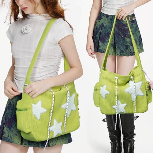 Image of Cute Tote Bag for Women, Aesthetic Canvas Crossbody Bag Y2k Star Hobo Shoulder Purse Kawaii Zipper Messenger Bag | Cute