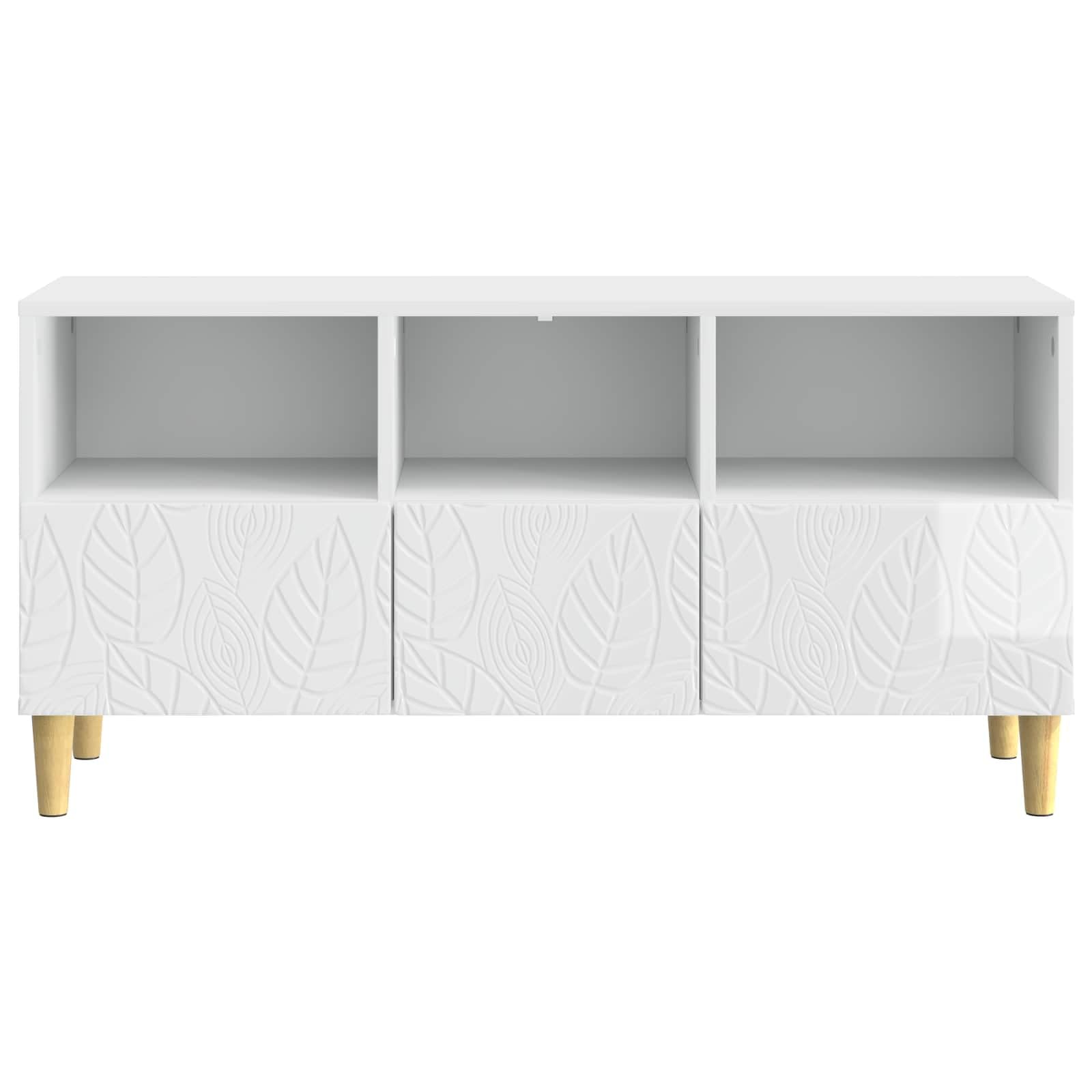 Mobile TV bianco lucido, 102 x 34,5 x 50 cm, in legno con 3 cassetti e gambe in eucalipto massiccia, versatile spazio per soggiorno, giochi, home theater, console multimediale