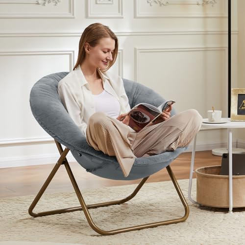 Image of Simple Deluxe Cozy Chair, Faux Fur Saucer Chair for Bedroom, Comfy Foldable Moon Chair, Round Fluffy Chair for Living Room, Fuzzy Saucer Chairs for Adults Room, Gray