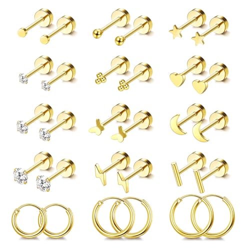 Jstyle Hypoallergenic Surgical Steel Earrings for Sensitive Ears 14K Gold Flat Back Stud Earrings for Women Men Small Stainless Steel Stud Hoop Screw Back Cartilage Earring Set for Multiple Piercing