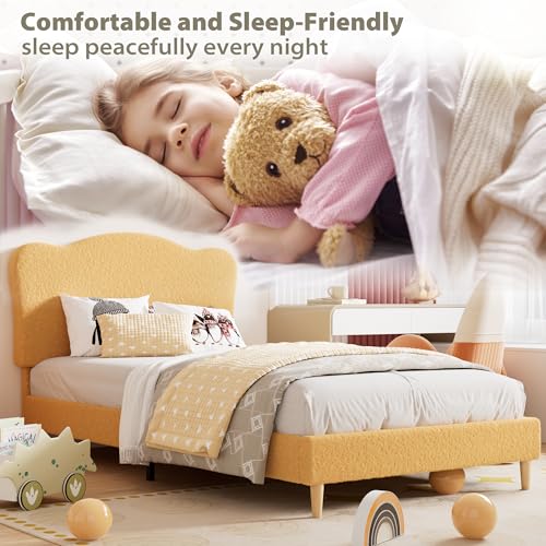 GarveeHome Upholstered Twin Size Bed Frame for Kids with Scallop Headboard, Cute Velvet Twin Bed for Girls, Boys, Sturdy Platform Bed, No Box Spring Needed, Wooden Slats, Noise Free, Yellow