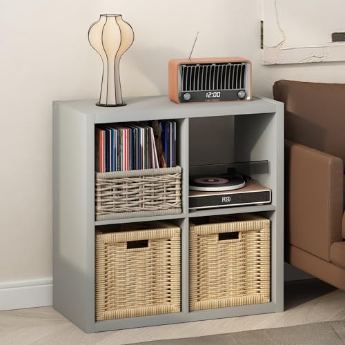 Image of Furinno Cubicle Record Player Stand, 4-Cube Record Storage, Light Grey | Vinyl Storage, 1.2 inchInch Extra Thick, Open Back Media Shelf for CD DVD Bluray Game Disc, for Living Room, Home Office