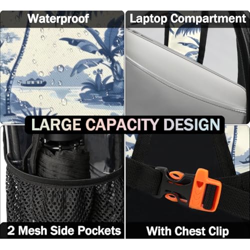 Hand Painted Coconut Trees Tower Clear Backpack Stadium Approved PVC Backpacks for Adults Heavy Duty Clear Bag for Work Security Travel College4