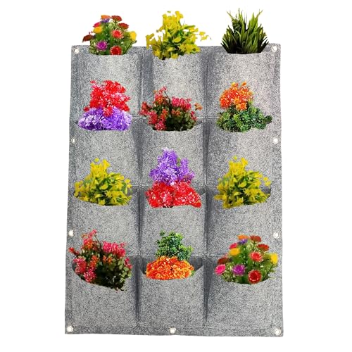 WFIST 12 Pockets Vertical Breathable Plant Bag Hanging Growing Bag Outdoor Indoor Planter for Wall Garden Flower, Grey