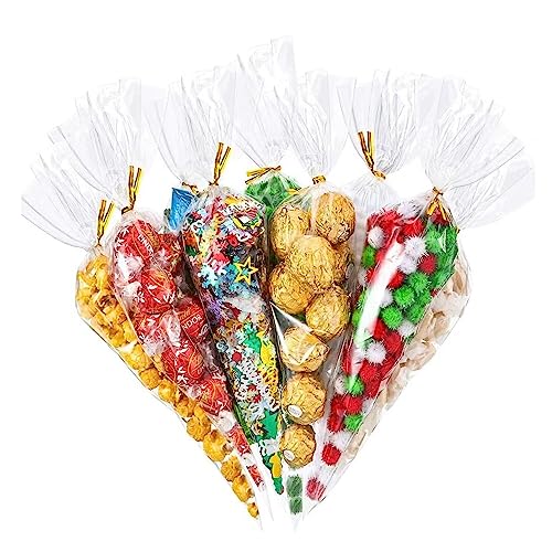 LucyStudio Transparent Sweet Cone Bags 16x30cm 100pcs with 100pcs Gold Twist Ties Triangle Cellophane Bags Crystal Clear Cone Bags for Party Christmas Wedding Candies Popcorn Marshmallow Snacks Gifts - Image 3