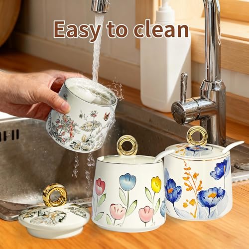 Ceramic Sugar Bowl with Lid and Spoon with Floral Pattern, Gold Trim - 7.5oz Elegant Sugar Jar with Lid and Spoon, Nordic Style for Kitchen, Dining, Cafe, Gift Idea (B) - Image 6
