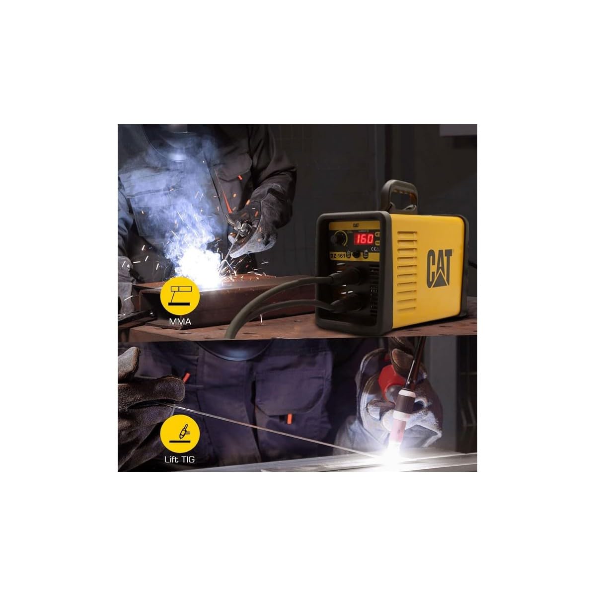 CATERPILLAR DZ 161 Saldatrice Inverter Professionale MMA TIG LIFT ad Arco (15-160A) - Salda tutte le elettrodi 1,6-4,0 mm | Hot Start, Anti-Stick, Arc Force
