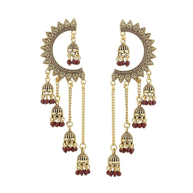 Image of WORLD CRAZE Multicolour long kashmiri jhumka for women chandbali earrings chand baliyan | kashmiri earrings for women | bahubali earrings stylish | Traditional Indian Festive Jewelry | Long Chain Tassels | Pearl Drop Latkan Jewellery (Multi colour)