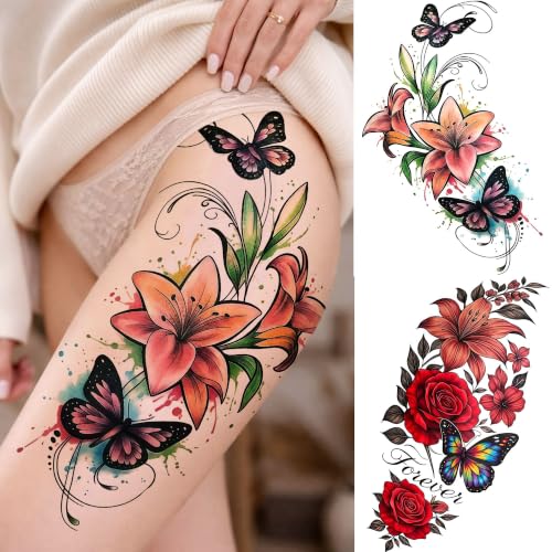 Image of VANTATY 4 Sheets Large Watercolor Flower Lily Temporary Tattoos For Women Adults Arm Thigh Tattoo Sticker, Realistic Floral Butterfly Rose Fake Tattoos Body Art Hips Buttock Makeup Tatoos Long Lasting