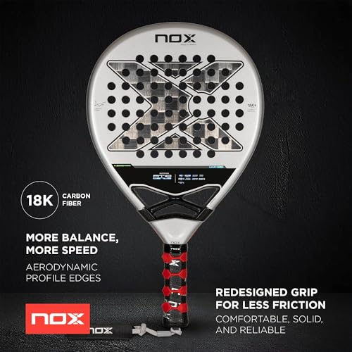 Pala de pádel Nox At10 Genius 18K destacando características de diseño aerodinámico y tecnología avanzada sobre fondo negro