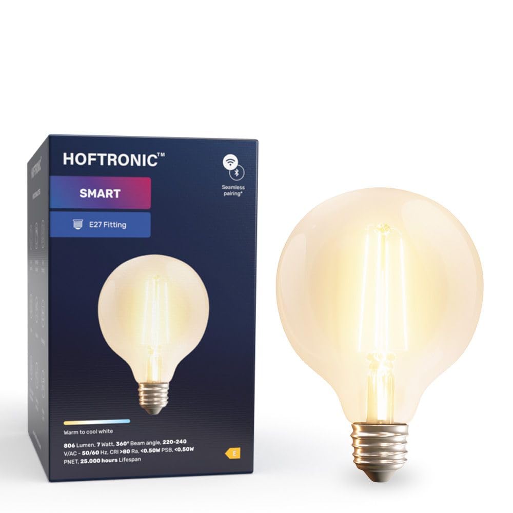 HOFTRONIC - 3er Smart Filament LED Lampe E27 Globe - G95 - WiFi & Bluetooth (seamless connect) Glühbirne - 7W 806lm - 1800(warmweiß)-6500K(Kaltweiß) - kompatibel mit Alexa & Google