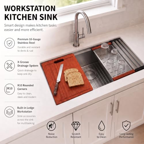 Image of LQS 32 Inch Stainless Steel Undermount Kitchen Sink, 304 Stainless Steel Single Bowl Workstation Sink, Kitchen Sinks with Sapele Wood Cutting Board and Accessories, 32 inch x 18 inch