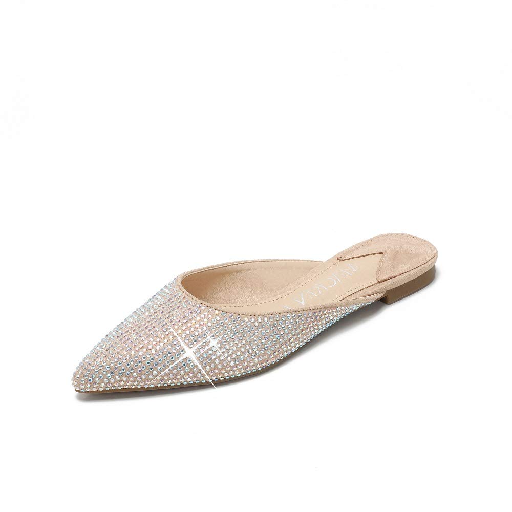 MACKIN J327-1 Women's Pointed Toe Mules Slip On Rhinestones Slides Dress Flats