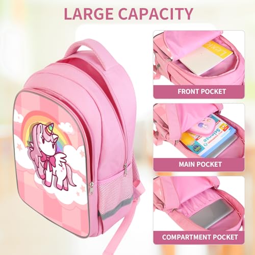 Bow Unicorn Backpack for Girls 3-in-1 Set with Lunch Box & Pencil Case, Pink Rainbow Princess School Bag for Kids Teens Elementary to Middle School, Cute Bookbag Travel BackPack for Ages 6-18-A4