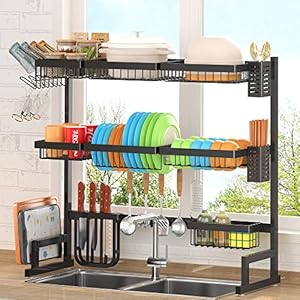 PUSDON Over Sink Dish Drying Rack (34″-45″) 3 Tier, 2 Cutlery Holders Adjustable Dish Drainer for Kitchen Storage Countertop Organization, Stainless Steel Space Save Shelf (Sink Size≤44inch, Black)