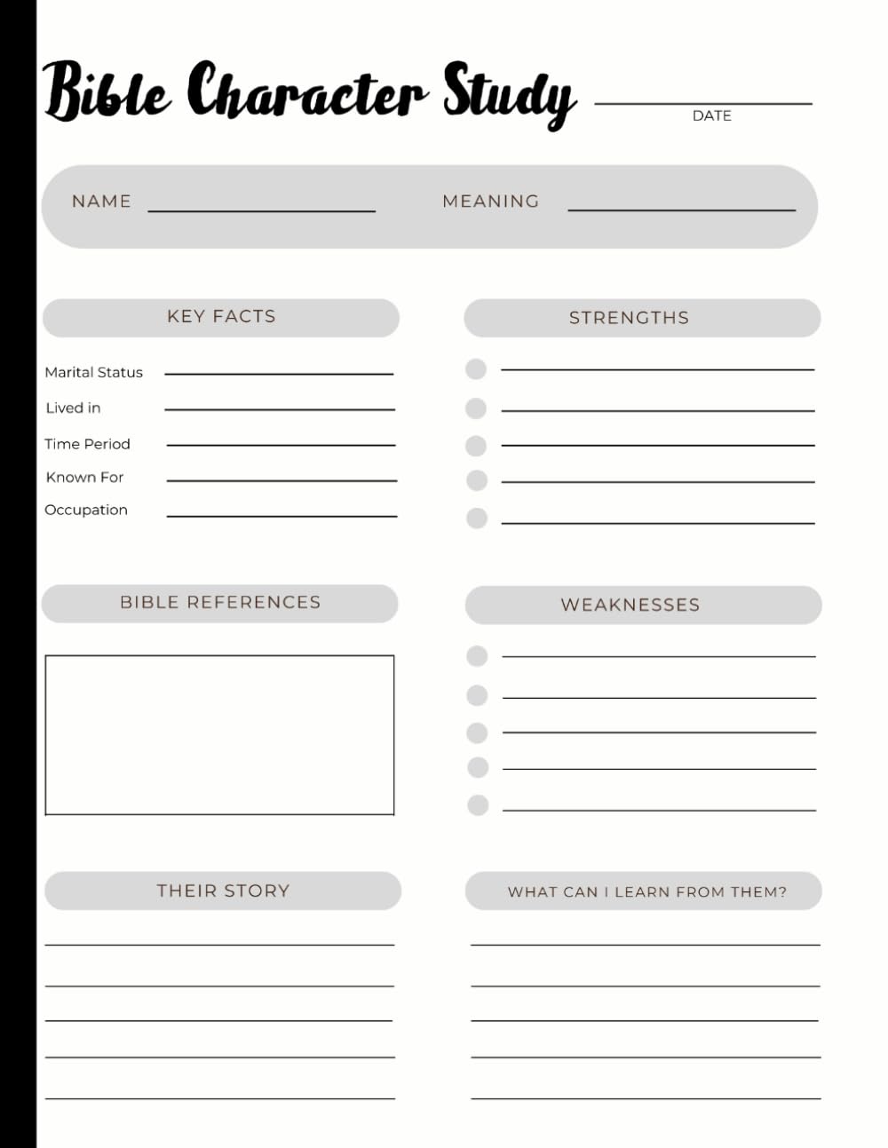 Bible Character Study Journal: Comprehensive Workbook for Exploring Key Figures in Scripture: Track Names, Meanings, Key Facts, Strengths, Weaknesses, ... | Perfect for Personal or Group Bible Studies