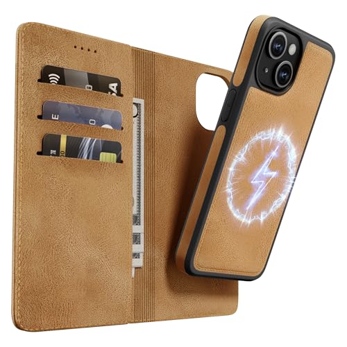 OASISBLUE Handyhülle für iPhone 14 Hülle [2-in-1 Magnetisch Abnehmbar] Kabelloses Laden Kompatibel Stoßfest Schutzhülle PU Leder Klapphülle - braun