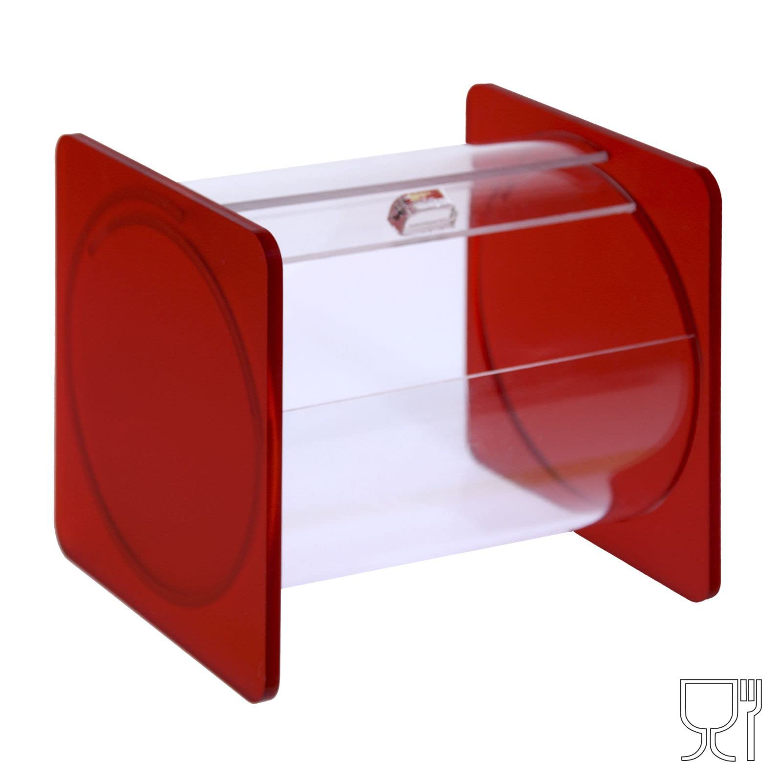 Portacaramelle confezionate sezione circolare in plexiglass trasparente e con pannelli laterali in plexiglass satinato ROSSO - Misure totali: L 15 x P 14 x H 14 cm