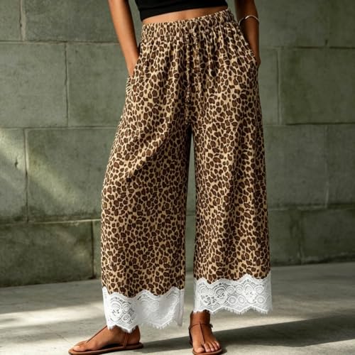 Qaezyco Leopard Pants,Lace Trim Pants Women Wide Leg Waisted Drawstring Corduroy Pant Boho Polka Dot Striped Causal Beach Trousers(01_Brown,Large) - image 3