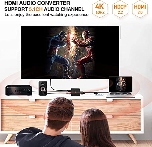 Image of HDMI Audio Extractor Converter, 4K HDMI to HDMI + SPDIF(Optical /Toslink) + RCA(L /R) Stereo Analog Outputs Video Audio Converter for Ruku,Chromecast,Blu-ray Player,Cable Box,Fire TV,Aple TV,etc