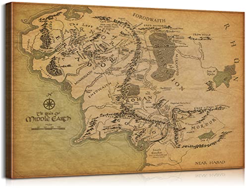 Image of Middle Earth Map Wall Art Canvas Print - Fantasy Map of Middle Earth - 12''H x 18''W with Inner Wooden Frame - Lightweight & Easy to Hang - Perfect for Bedroom, Game Room Decor