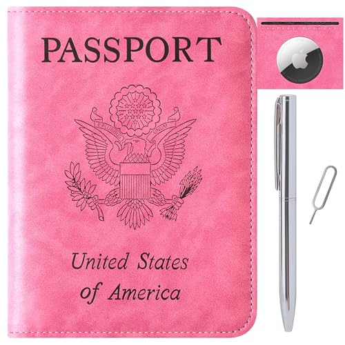Airtag Passport Holder for Travel Essentials Wallet Rfid Blocking Cover Leather Case Vacation Travel Accessories for Women Men (601#Pink)
