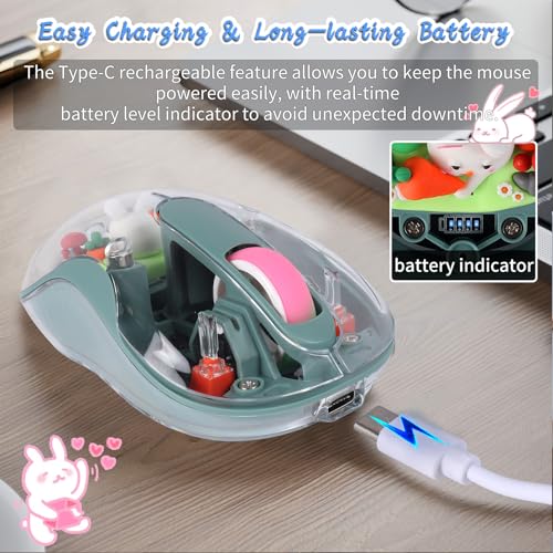 Image of elec Space Cute Wireless USB C Mouse - Bluetooth Triple Mode Rechargeable Cartoon Mouse for Laptops, iPads & MacBook Air /Pro - Silent Operation, Portable Design, Unique Magnetic Character (Green)