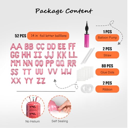 Image of 52 pcs Pink Foil Letter Balloons with Air Pump, 16 Inch 2 A-Z Sets - Mylar Alphabet Balloon Kit for Birthday Banner & Party Decorations