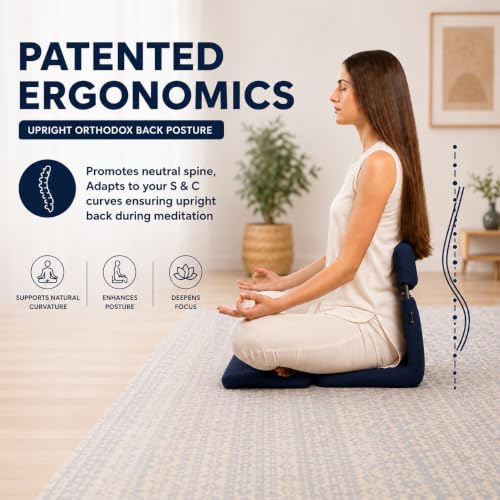 Image of Meditation Chair | Foldable Floor Seat with Cushion and Back Support | for Yoga, Pranayama, Prayer & Cross-Legged Sitting | Portable Metal Frame with Carry Bag | 2 Year Warranty (Dark Blue)