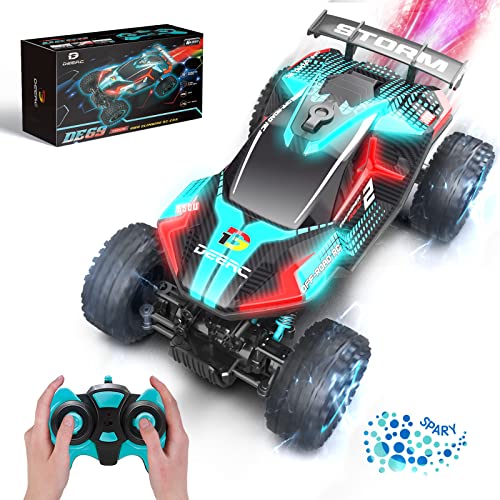 DEERC DE69 Remote Control Truck with Spray and Light, 5 LED Light Modes, Dual Motors Off Road RC Car, 4WD Rock Crawler, Spray Water Mist, 35+ Min Play, Toy Vehicle for Boys Girls and Adults