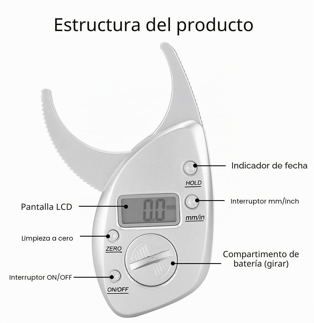 Calibrador de Grasa Corporal Digital, Medidor de Sebo con Medición del Pliegue Cutáneo Pinza Alta Precisión Pantalla LCD Batería para Adultos Plata