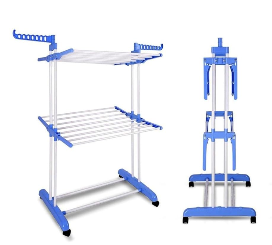 Image of Premium Foldable Stainless Steel Cloth Drying Stand (Blue, 2 Teir)