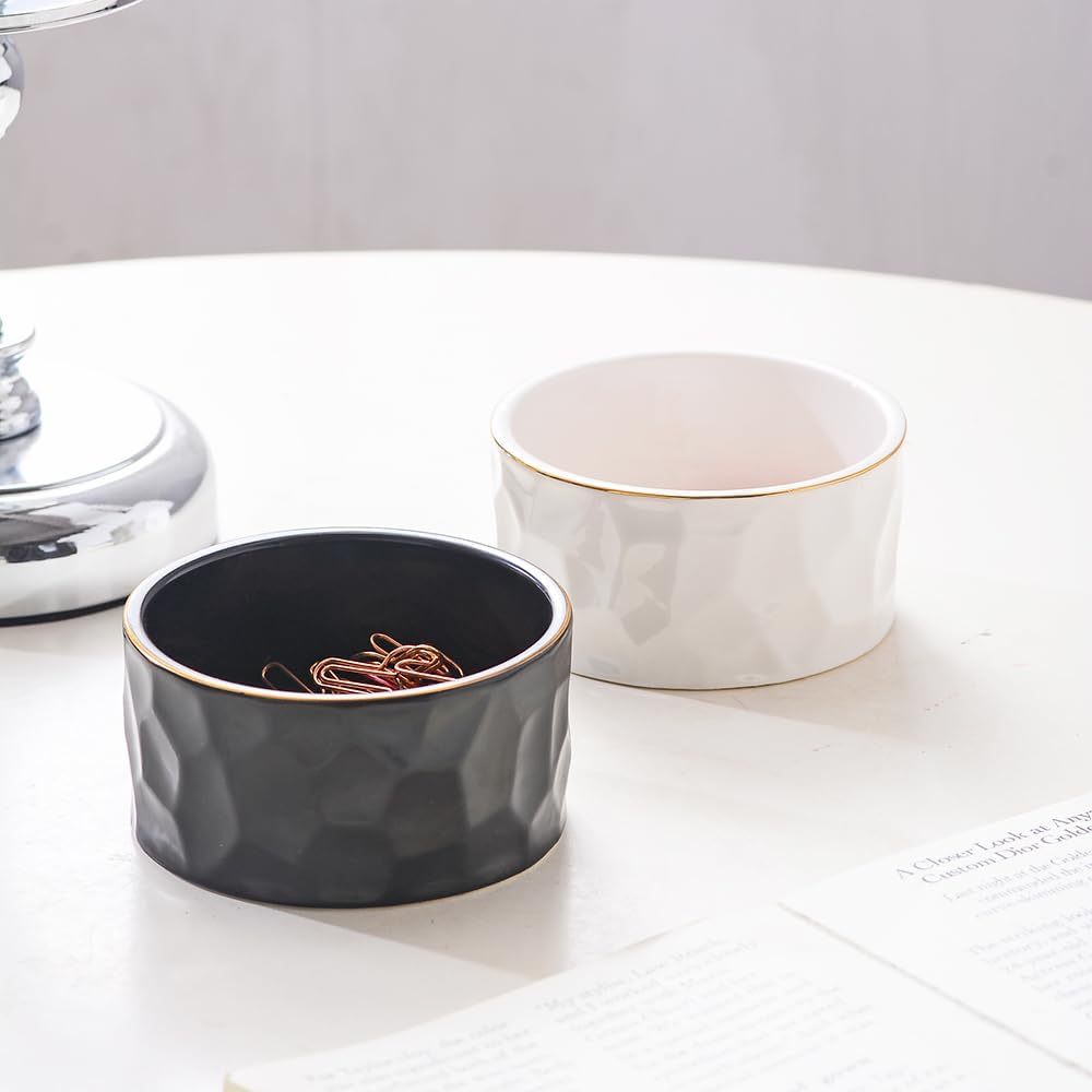 Paper Clip Holder Ceramic Round Paper Clips Dispenser for Desk Cute,Gold Line Office Binder Clips Dispenser Organizer (Black-01)