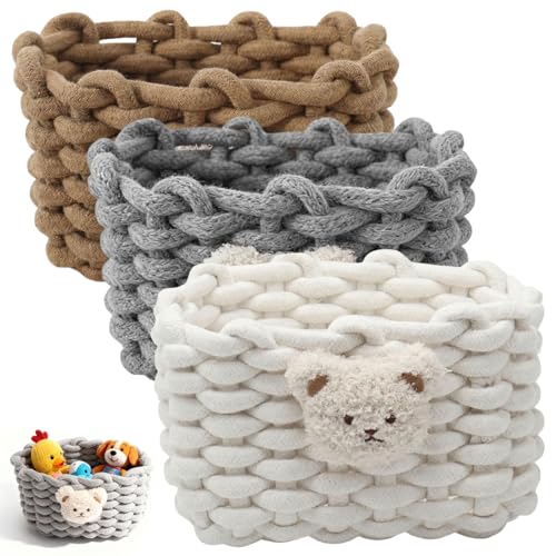 3 Stück Aufbewahrungskorb Baumwolle - Geflochten Körbchen Aufbewahrung, 20x15x13cm Körbchen Aufbewahrungskorb, Dekor Häkelkorb Geflochtener Korb für Schränke, Schreibtisch (Grau, Braun und Weiß)