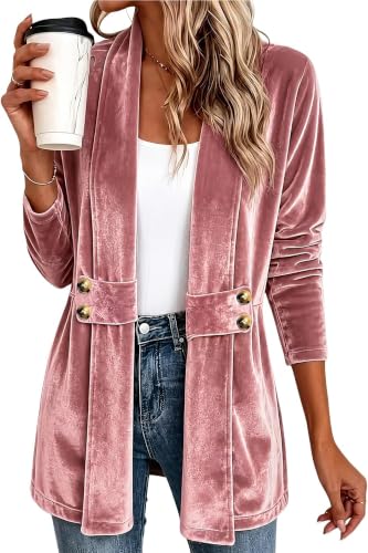 Womens Velvet Tops Lightweight Open Front Long Sleeve Cardigan Pink