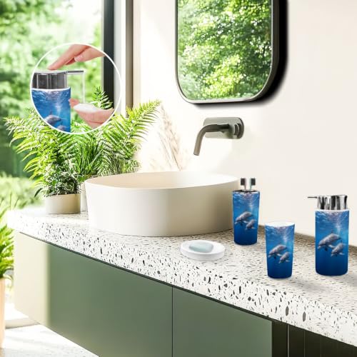 Bathroom Accessory Set 6 Piece Family Spinner Dolphins Tropical Blue Ocean Sunlight Marine Life Trash can, Toothbrush Holder, Toothbrush Cup, Soap Dispenser, Soap Dish, Toilet Brush Holder - Image 2