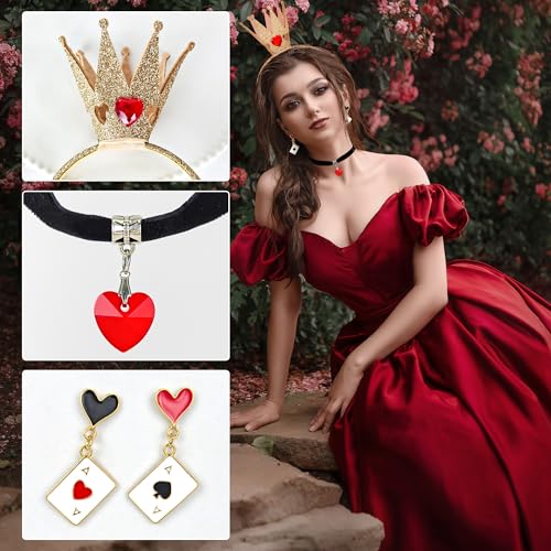 Horolam Queen Costume Accessories, Red Heart Queen Costume Set with Crown Headband Wand Choker Necklace Earrings for Women - Thumbnail 3