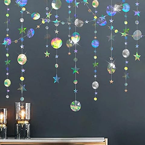 Cheerland Iridescent Party Decorations Holographic Star Garland Hanging Stars Moon Streamer Galaxy Birthday Decoration Ramadan Eid Banner Baby Shower Backdrop Space Alien Celestial Party Decor Cover
