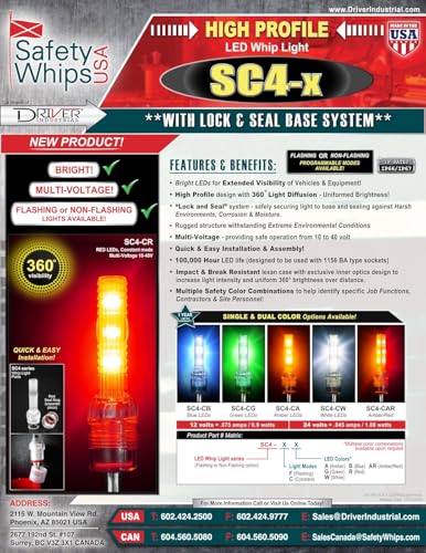 Warning Whip Light | SafetyWhips Amber Flashing LED Module - 1156 Socket, 10-40V Operation | Clear Lexan Optic, Locking Base