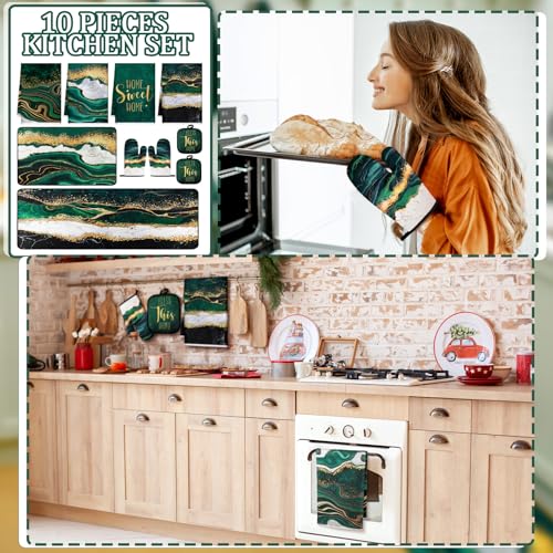 Fourluoo 10 Pcs Kitchen Dish Towels Rugs Oven Mitts and Pot Holders Kit Farmhouse Kitchen Decor Set Gloves Vintage Potholders for Baking Cooking Chef(Green,Modern) by Fourluoo - Image 2
