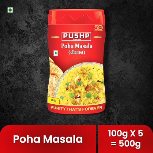 Image of Pushp Poha Masala 100 g | Pack of 5 | Perfect Poha Seasoning Sprinkler | Authentic Indori Flavor for chat, fruits & raita | No Extra Spices Needed | Breakfast & Snacks |