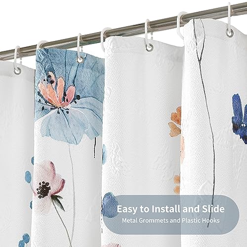 Image of QiyI Watercolor Floral Shower Curtain, 3D Embossed Textured Blue Beige Flower Bathroom Curtain, Modern Minimalist White Cloth Bath Curtain, Waterproof Fabric Shower Curtain Set with Hooks, 72x72 Inch