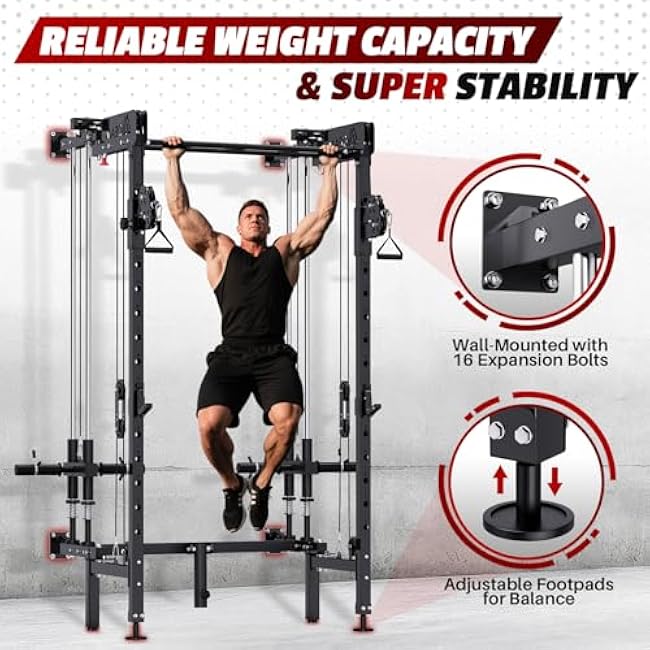 Folding Squat Rack, Wall Mounted Power Rack with Cable Crossover Machine & LAT Pull Down Multi-Function Space-Saving Power Cage with 7 Adjustable Modes/Dual Pulley System/Pull-up Bar/360¡ãLandmine