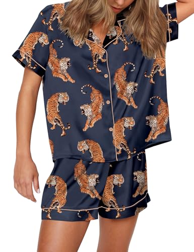 Image of SHESHOW Satin Pajamas for Women Set Preppy Animals Pjs Short Sleeve Shorts 2 Piece Loungewear Sets XS-XXL